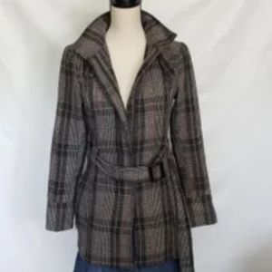 XXI Wool Pea Womens Coat Size Small Tweed Plaid Belted Gray High Collar